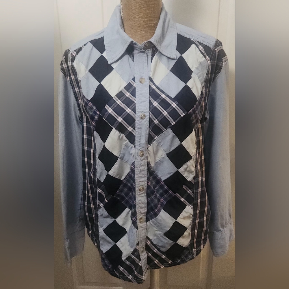 We The Free Blue Argyle Plaid Patchwork Chambray … - image 2